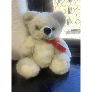 Vintage 1985 Hugginpuff White/Grey Jointed Sleep Eye Plush Bear Red Bow